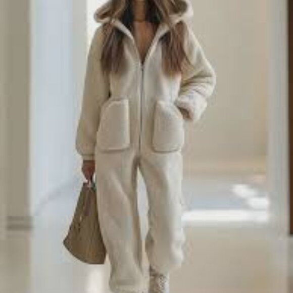 Oyrosy Pants - OYROSY Cozy Casual Fashionable Off White Polar Fleece Hooded Women's M Jumpsuit